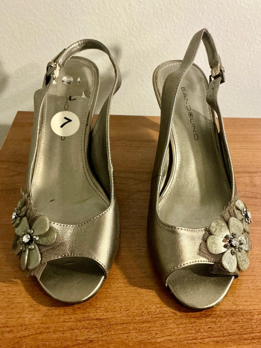 Bandolino Metallic Silver Open-Toe Slingback Heels with Floral Embellishment